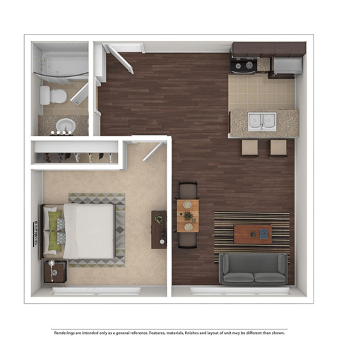 a floor plan of a furnished one bedroom apartment